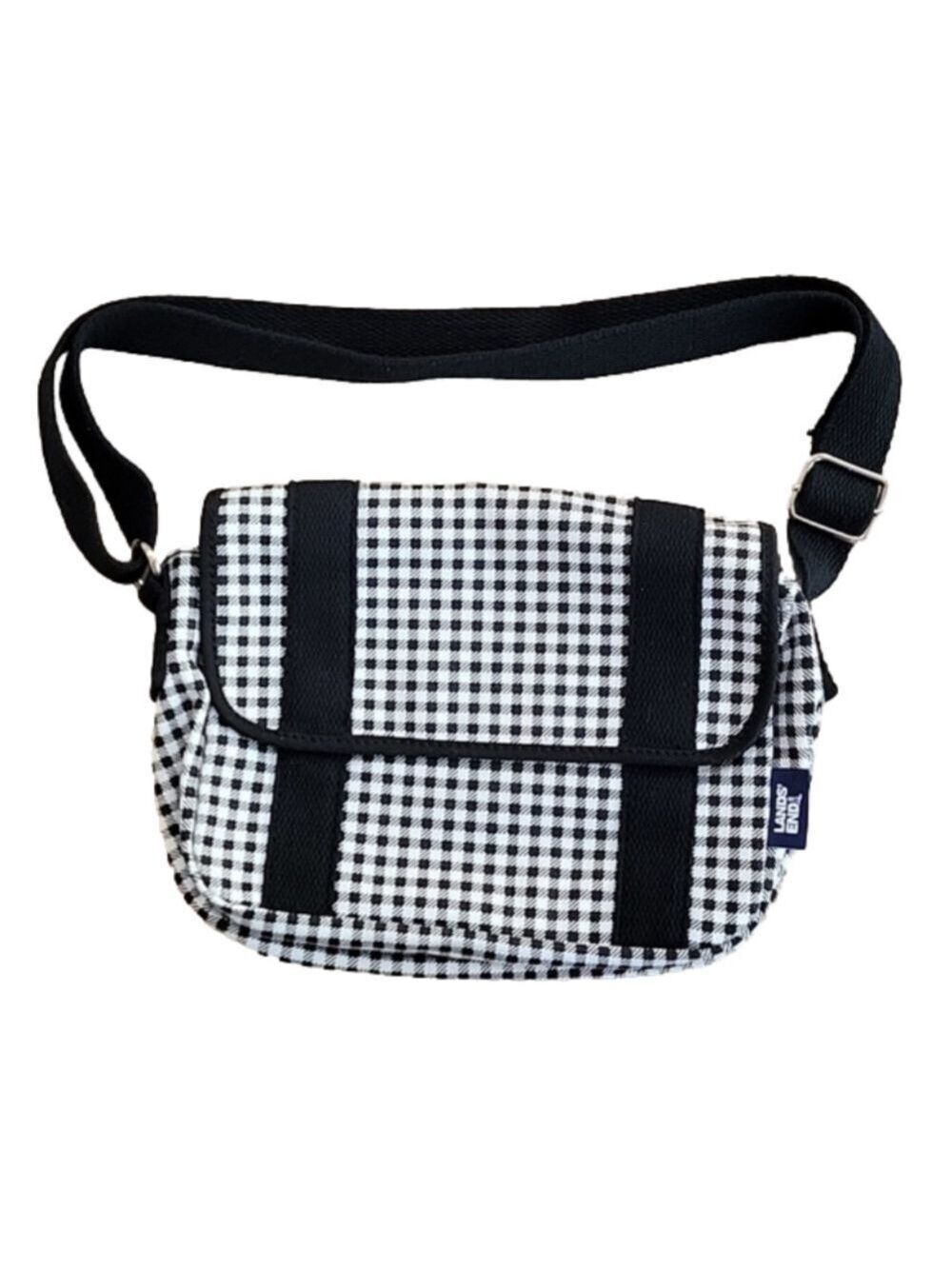 Lands End Canvas Crossbody Black/White Gingham Check Handbag EUC